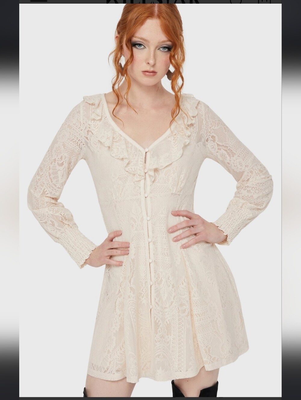 Killstar Cream Lace Ruffle Long Sleeve Mini Dress